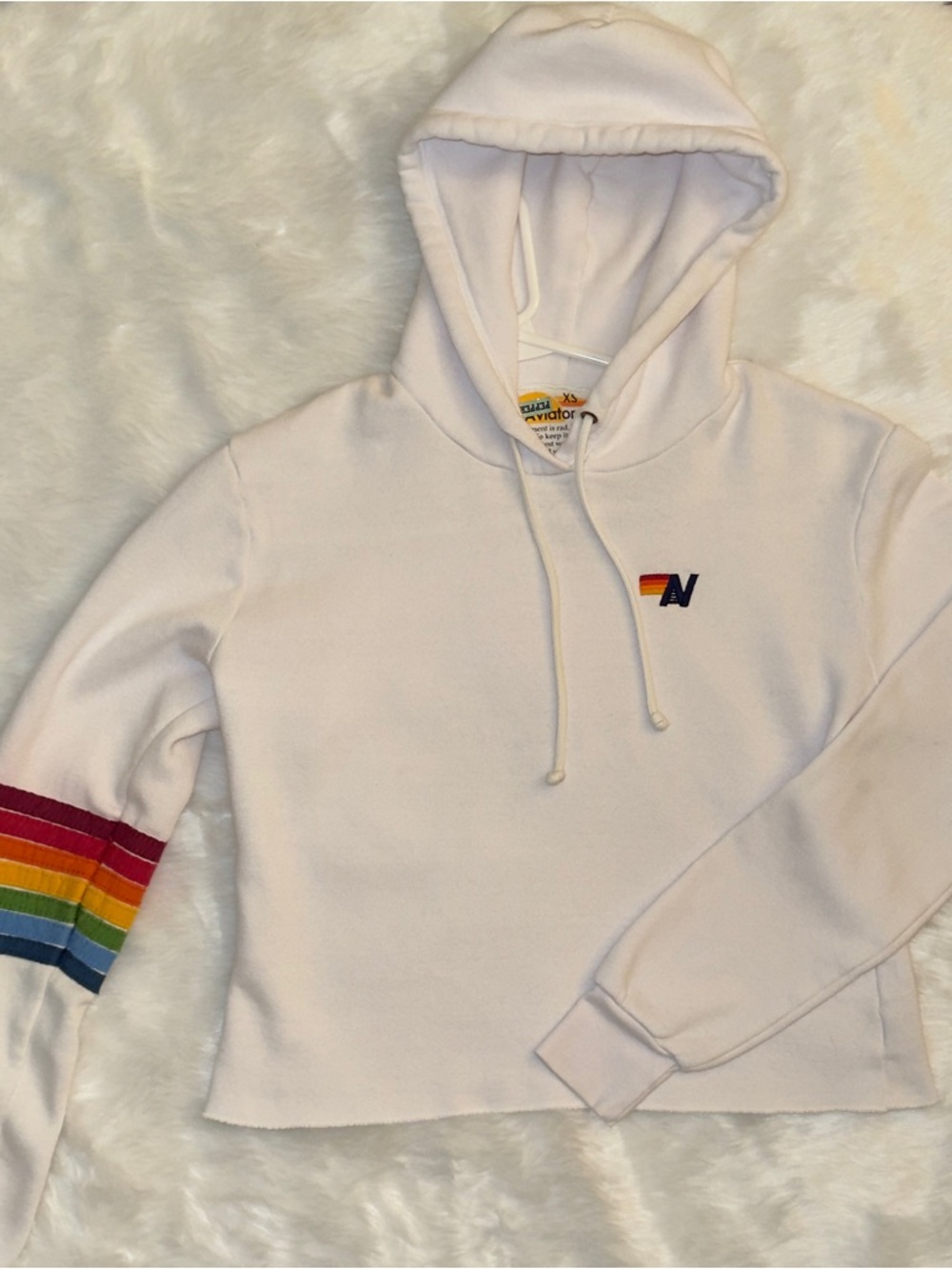 Women’s XS Aviator Nation White Hoodie with Rainbow Sleeve Stripes